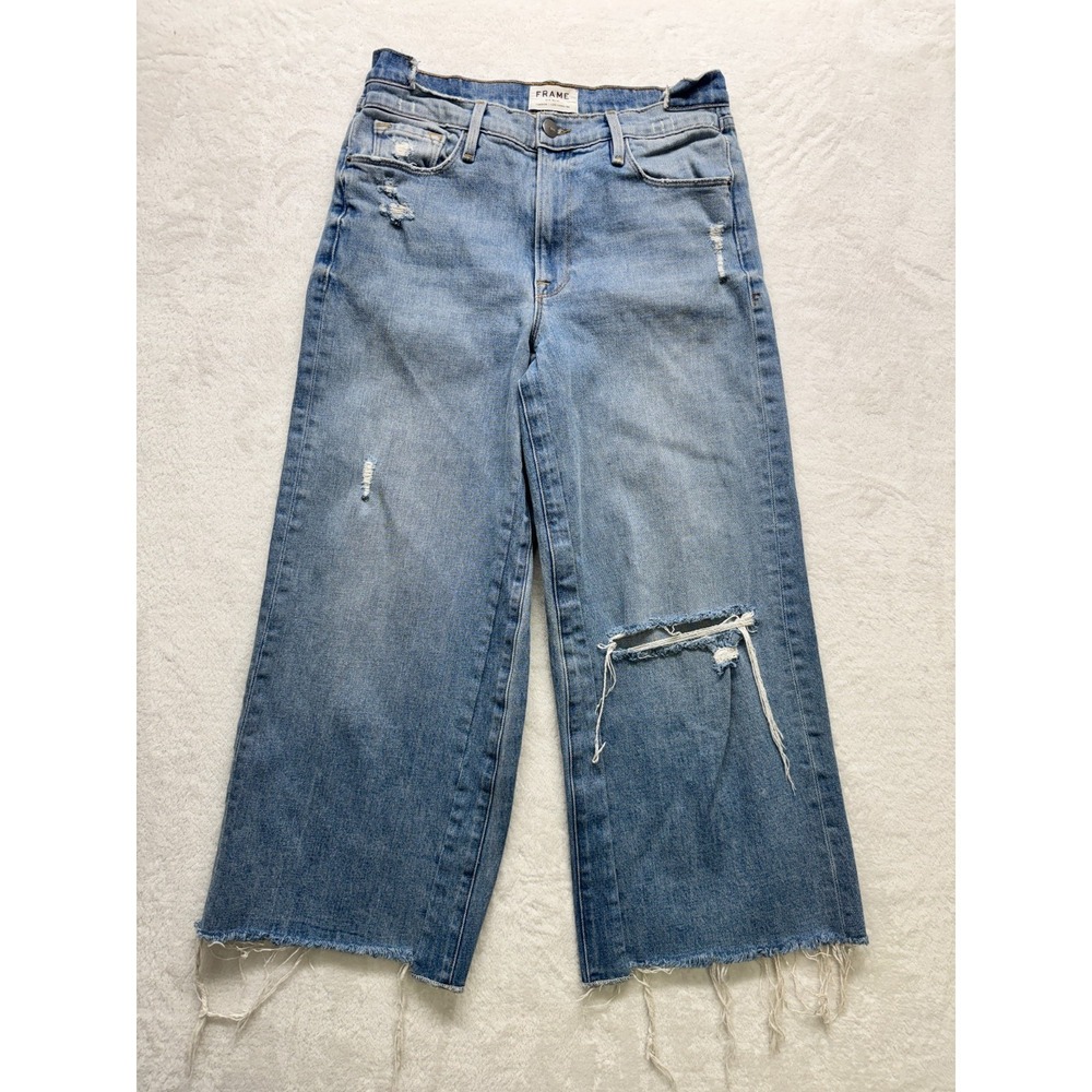 Frame Truxton Jeans Women‎ 28 Blue Distressed Reconstructed Wide Leg Cropped